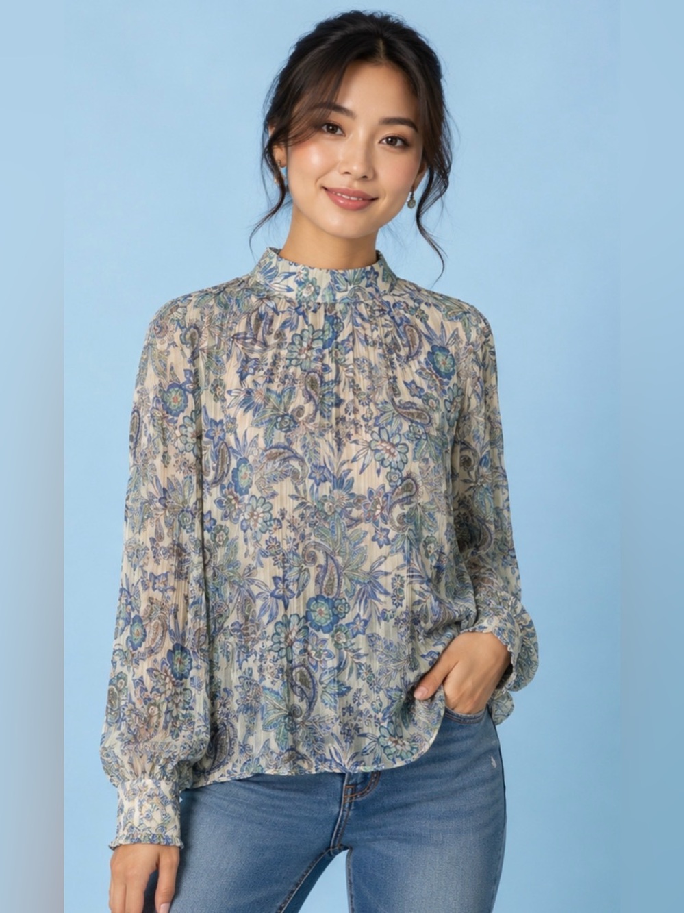 Ophelia Roe Paisley Floral Metallic Mock Neck Blouse Womens Size 1X